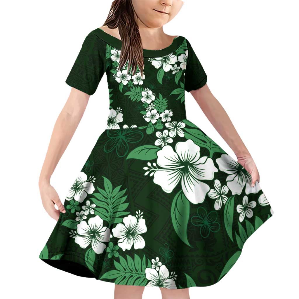 Hawaiian Hibiscus Tribal Floral Green Family Matching Off Shoulder Short Dress and Hawaiian Shirt Polynesian Tapa Pattern LT01 Daughter's Dress Green - Polynesian Pride