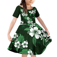 Hawaiian Hibiscus Tribal Floral Green Family Matching Off Shoulder Short Dress and Hawaiian Shirt Polynesian Tapa Pattern LT01 Daughter's Dress Green - Polynesian Pride