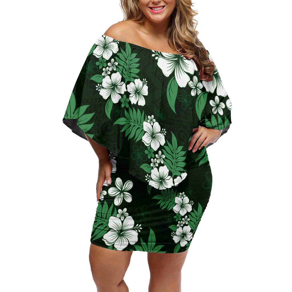 Hawaiian Hibiscus Tribal Floral Green Family Matching Off Shoulder Short Dress and Hawaiian Shirt Polynesian Tapa Pattern LT01 Mom's Dress Green - Polynesian Pride