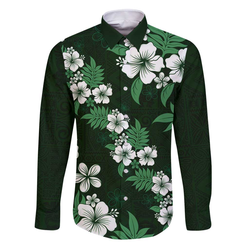 Hawaiian Hibiscus Tribal Floral Green Family Matching Puletasi and Hawaiian Shirt Polynesian Tapa Pattern LT01 Dad's Shirt - Long Sleeve Green - Polynesian Pride