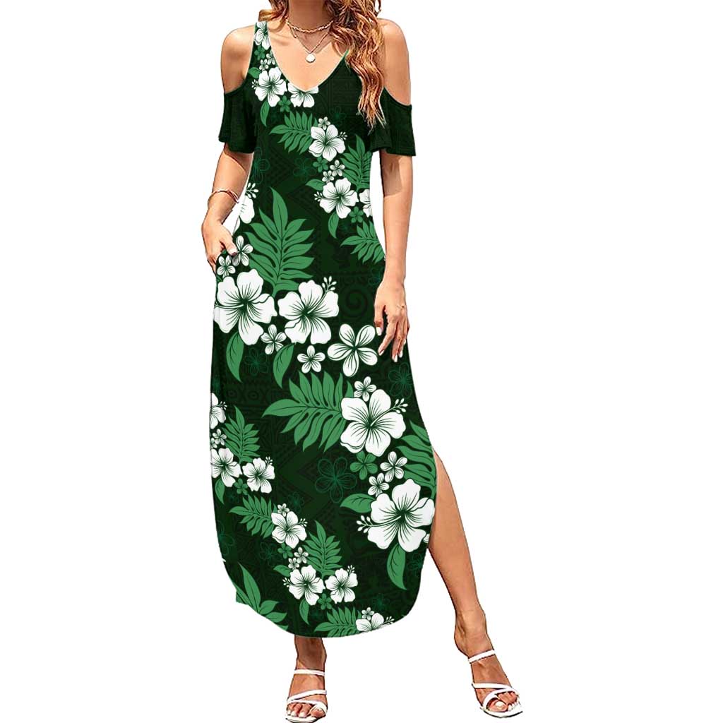Hawaiian Hibiscus Tribal Floral Green Family Matching Summer Maxi Dress and Hawaiian Shirt Polynesian Tapa Pattern LT01 Mom's Dress Green - Polynesian Pride