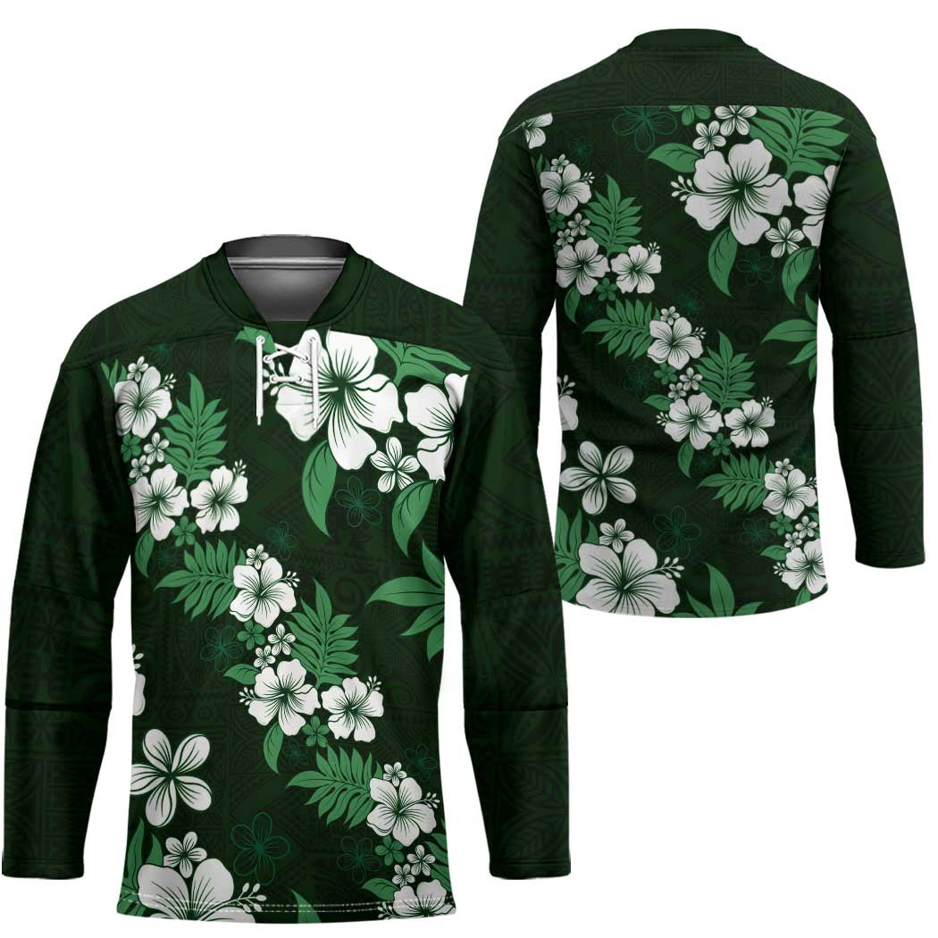 Hawaiian Hibiscus Tribal Floral Green Hockey Jersey Polynesian Tapa Pattern - Polynesian Pride