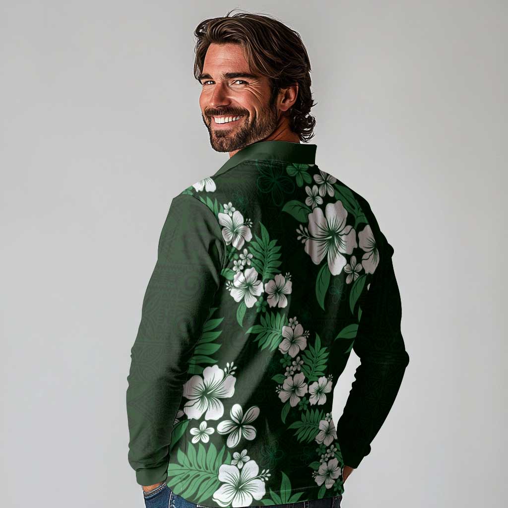 Hawaiian Hibiscus Tribal Floral Green Long Sleeve Polo Shirt Polynesian Tapa Pattern - Polynesian Pride