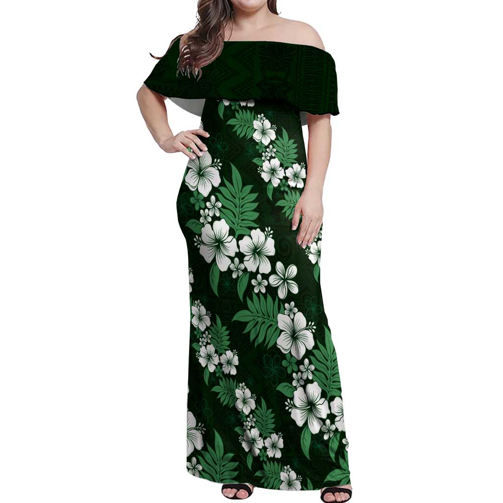 Hawaiian Hibiscus Tribal Floral Green Off Shoulder Maxi Dress Polynesian Tapa Pattern - Polynesian Pride