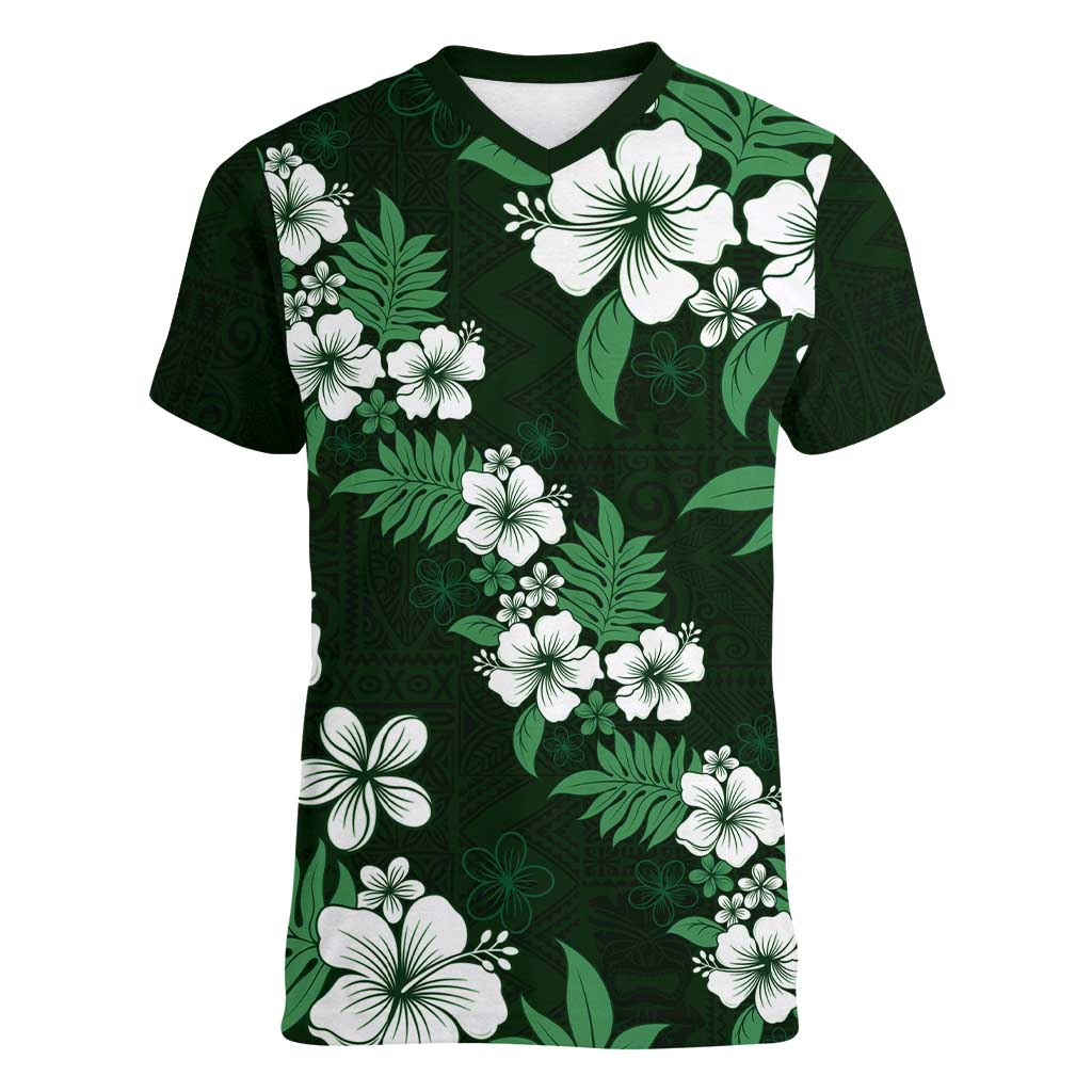 Hawaiian Hibiscus Tribal Floral Green Women V-Neck T-Shirt Polynesian Tapa Pattern - Polynesian Pride
