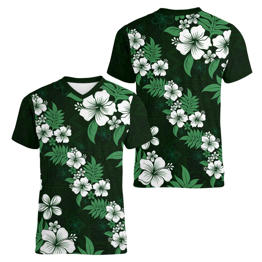 Hawaiian Hibiscus Tribal Floral Green Women V-Neck T-Shirt Polynesian Tapa Pattern - Polynesian Pride