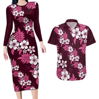 Hawaiian Hibiscus Tribal Floral Pink Couples Matching Long Sleeve Bodycon Dress and Hawaiian Shirt Polynesian Tapa Pattern LT01 Pink - Polynesian Pride