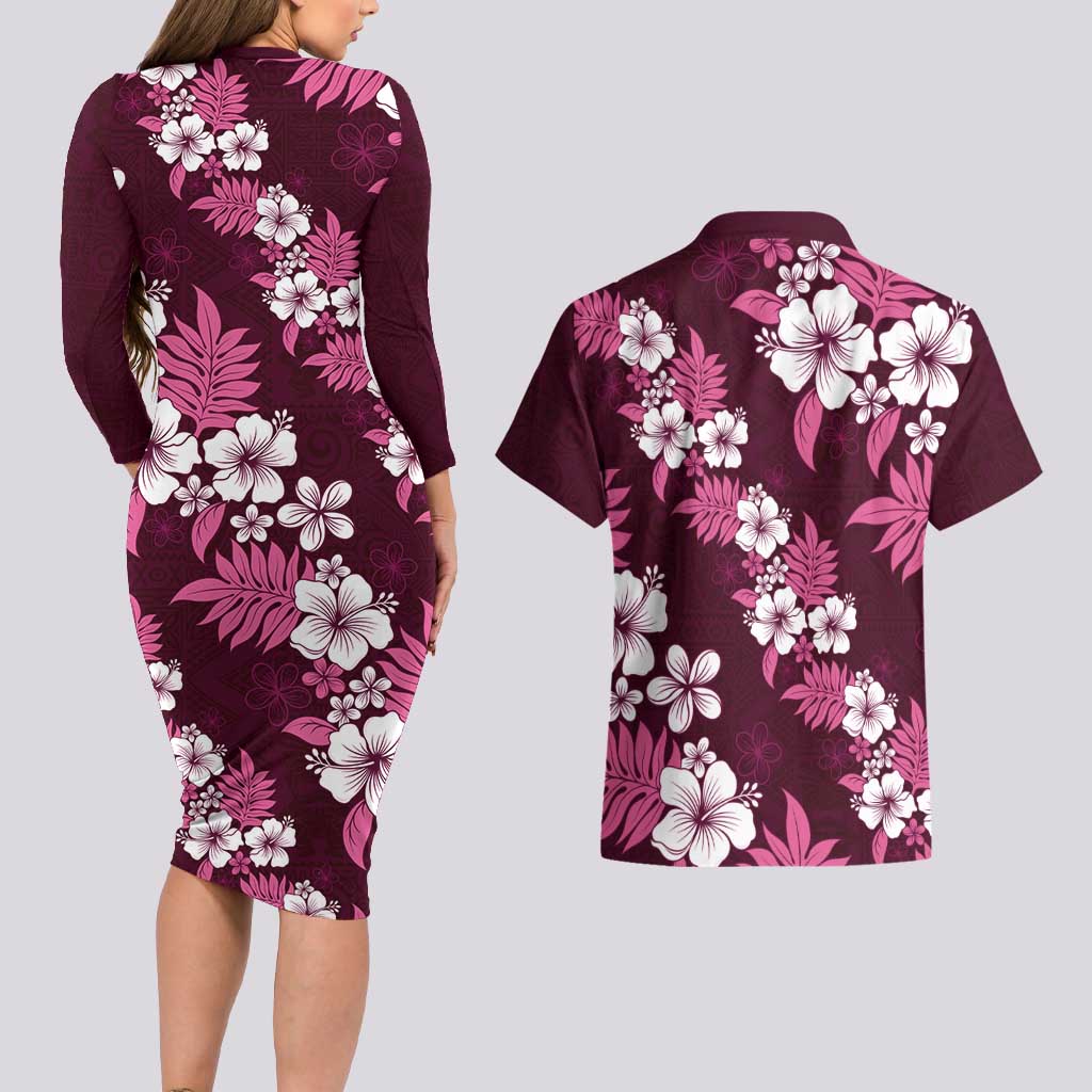 Hawaiian Hibiscus Tribal Floral Pink Couples Matching Long Sleeve Bodycon Dress and Hawaiian Shirt Polynesian Tapa Pattern LT01 - Polynesian Pride