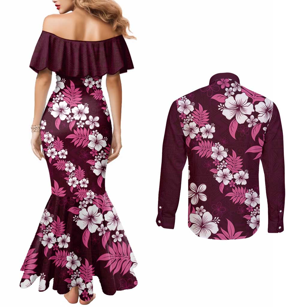 Hawaiian Hibiscus Tribal Floral Pink Couples Matching Mermaid Dress and Long Sleeve Button Shirt Polynesian Tapa Pattern - Polynesian Pride