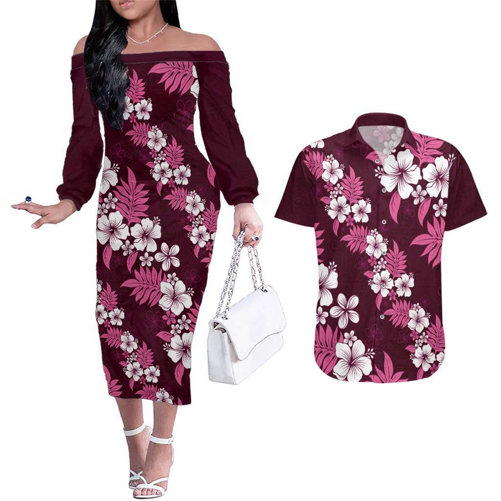 Hawaiian Hibiscus Tribal Floral Pink Couples Matching Off The Shoulder Long Sleeve Dress and Hawaiian Shirt Polynesian Tapa Pattern LT01 Pink - Polynesian Pride