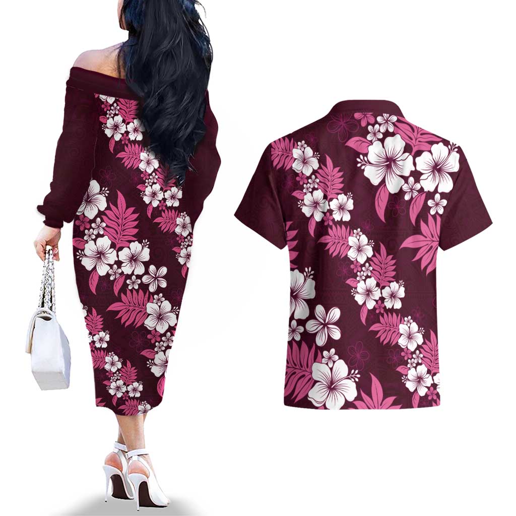 Hawaiian Hibiscus Tribal Floral Pink Couples Matching Off The Shoulder Long Sleeve Dress and Hawaiian Shirt Polynesian Tapa Pattern LT01 - Polynesian Pride