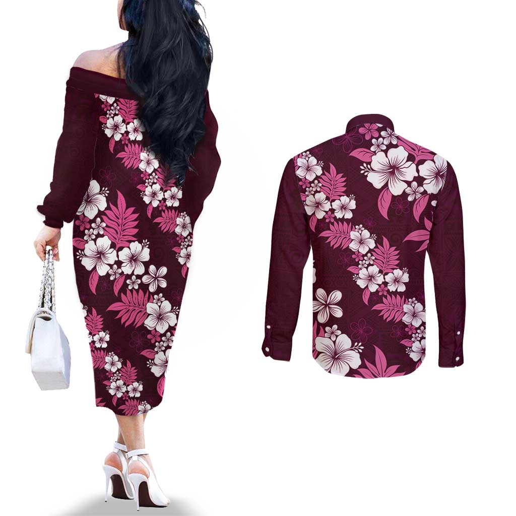 Hawaiian Hibiscus Tribal Floral Pink Couples Matching Off The Shoulder Long Sleeve Dress and Long Sleeve Button Shirt Polynesian Tapa Pattern - Polynesian Pride