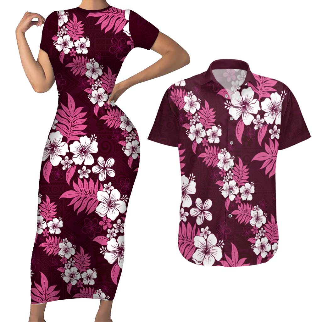 Hawaiian Hibiscus Tribal Floral Pink Couples Matching Short Sleeve Bodycon Dress and Hawaiian Shirt Polynesian Tapa Pattern LT01 Pink - Polynesian Pride