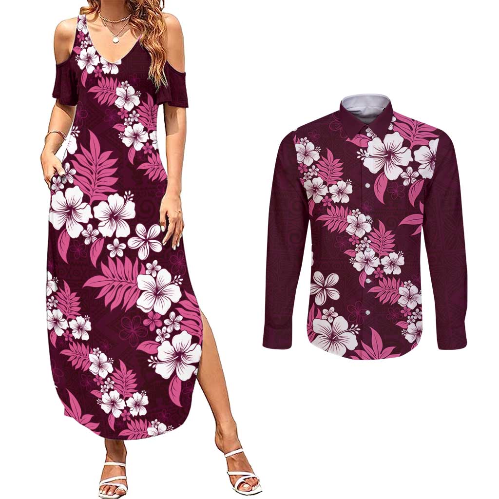 Hawaiian Hibiscus Tribal Floral Pink Couples Matching Summer Maxi Dress and Long Sleeve Button Shirt Polynesian Tapa Pattern - Polynesian Pride