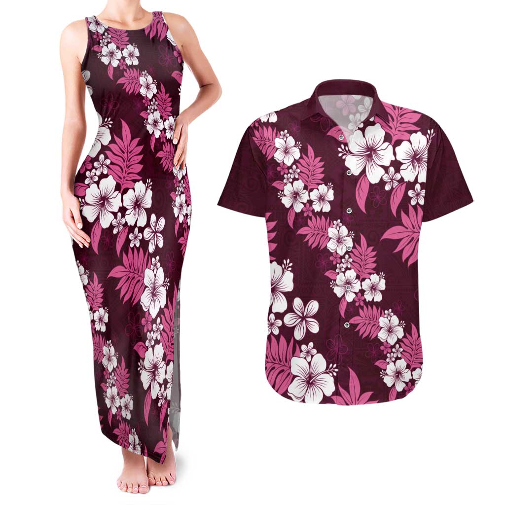 Hawaiian Hibiscus Tribal Floral Pink Couples Matching Tank Maxi Dress and Hawaiian Shirt Polynesian Tapa Pattern - Polynesian Pride