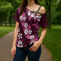 Hawaiian Hibiscus Tribal Floral Pink Cross Shoulder Shirt Polynesian Tapa Pattern - Polynesian Pride