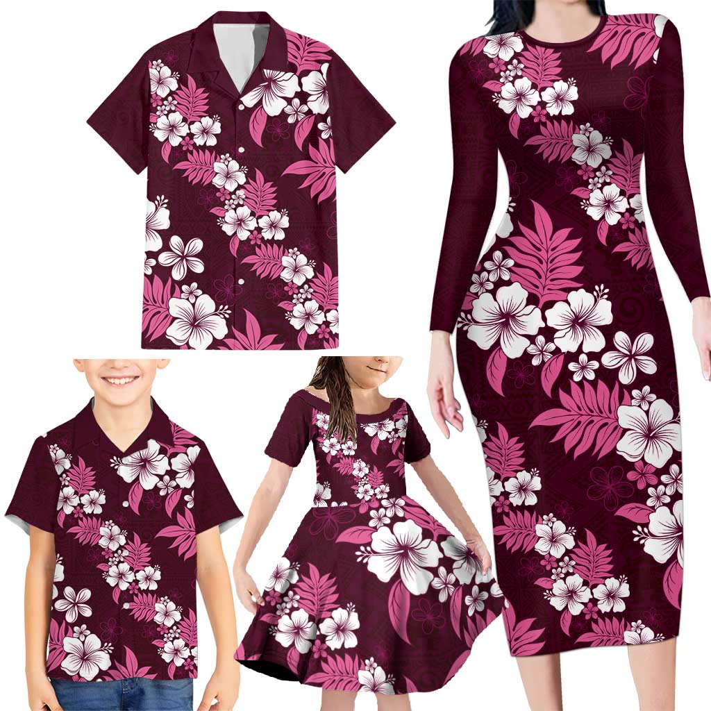 Hawaiian Hibiscus Tribal Floral Pink Family Matching Long Sleeve Bodycon Dress and Hawaiian Shirt Polynesian Tapa Pattern LT01 - Polynesian Pride