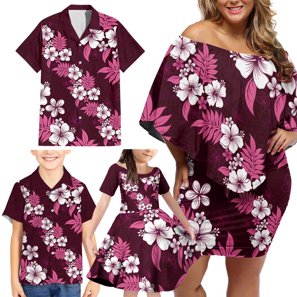Hawaiian Hibiscus Tribal Floral Pink Family Matching Off Shoulder Short Dress and Hawaiian Shirt Polynesian Tapa Pattern LT01 - Polynesian Pride