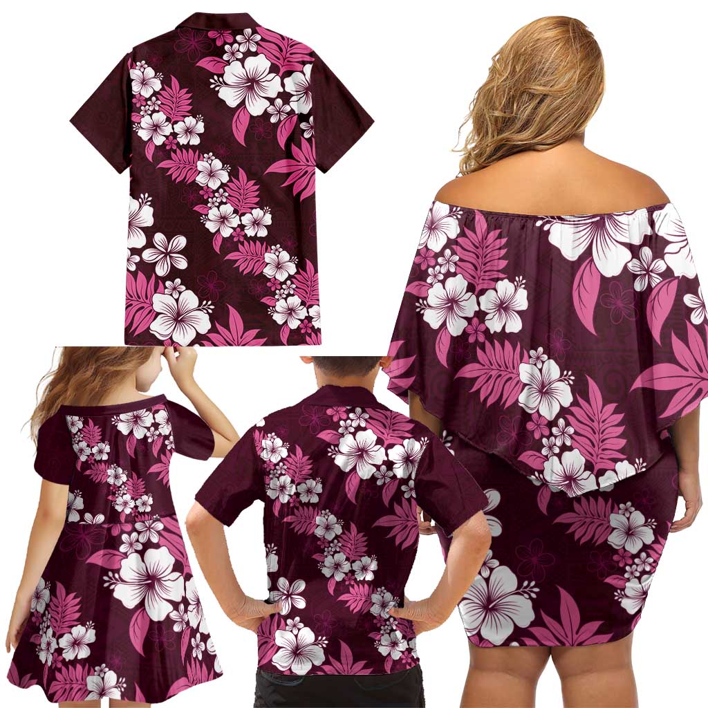 Hawaiian Hibiscus Tribal Floral Pink Family Matching Off Shoulder Short Dress and Hawaiian Shirt Polynesian Tapa Pattern LT01 - Polynesian Pride