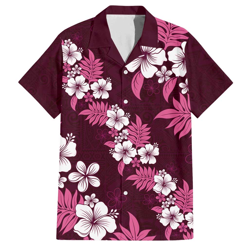 Hawaiian Hibiscus Tribal Floral Pink Family Matching Off Shoulder Short Dress and Hawaiian Shirt Polynesian Tapa Pattern LT01 Dad's Shirt - Short Sleeve Pink - Polynesian Pride