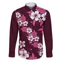Hawaiian Hibiscus Tribal Floral Pink Family Matching Off Shoulder Short Dress and Hawaiian Shirt Polynesian Tapa Pattern LT01 Dad's Shirt - Long Sleeve Pink - Polynesian Pride