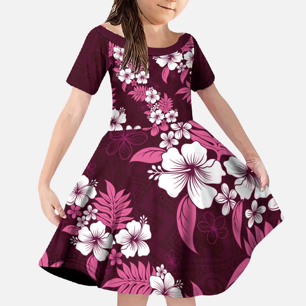 Hawaiian Hibiscus Tribal Floral Pink Family Matching Summer Maxi Dress and Hawaiian Shirt Polynesian Tapa Pattern LT01 Daughter's Dress Pink - Polynesian Pride