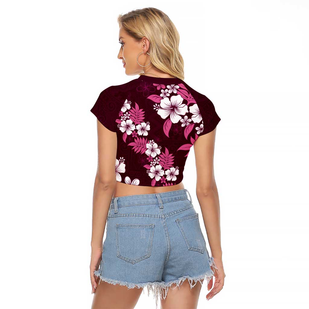 Hawaiian Hibiscus Tribal Floral Pink Raglan Cropped T Shirt Polynesian Tapa Pattern - Polynesian Pride