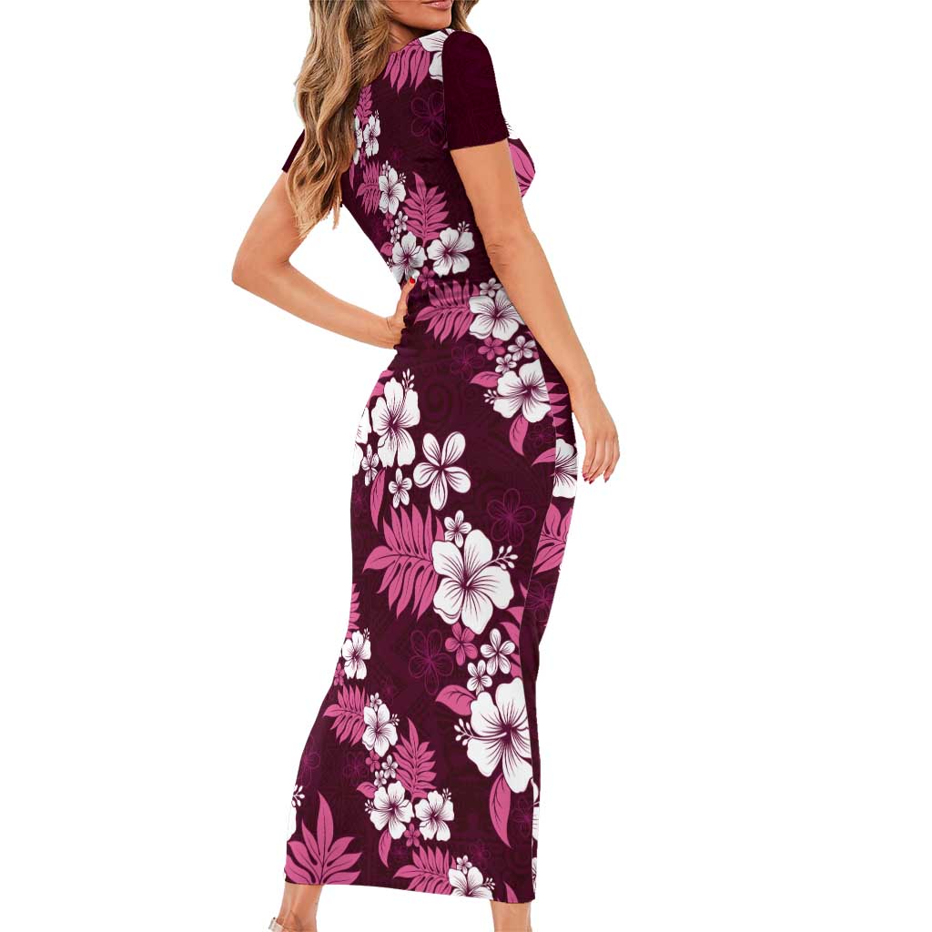 Hawaiian Hibiscus Tribal Floral Pink Short Sleeve Bodycon Dress Polynesian Tapa Pattern - Polynesian Pride