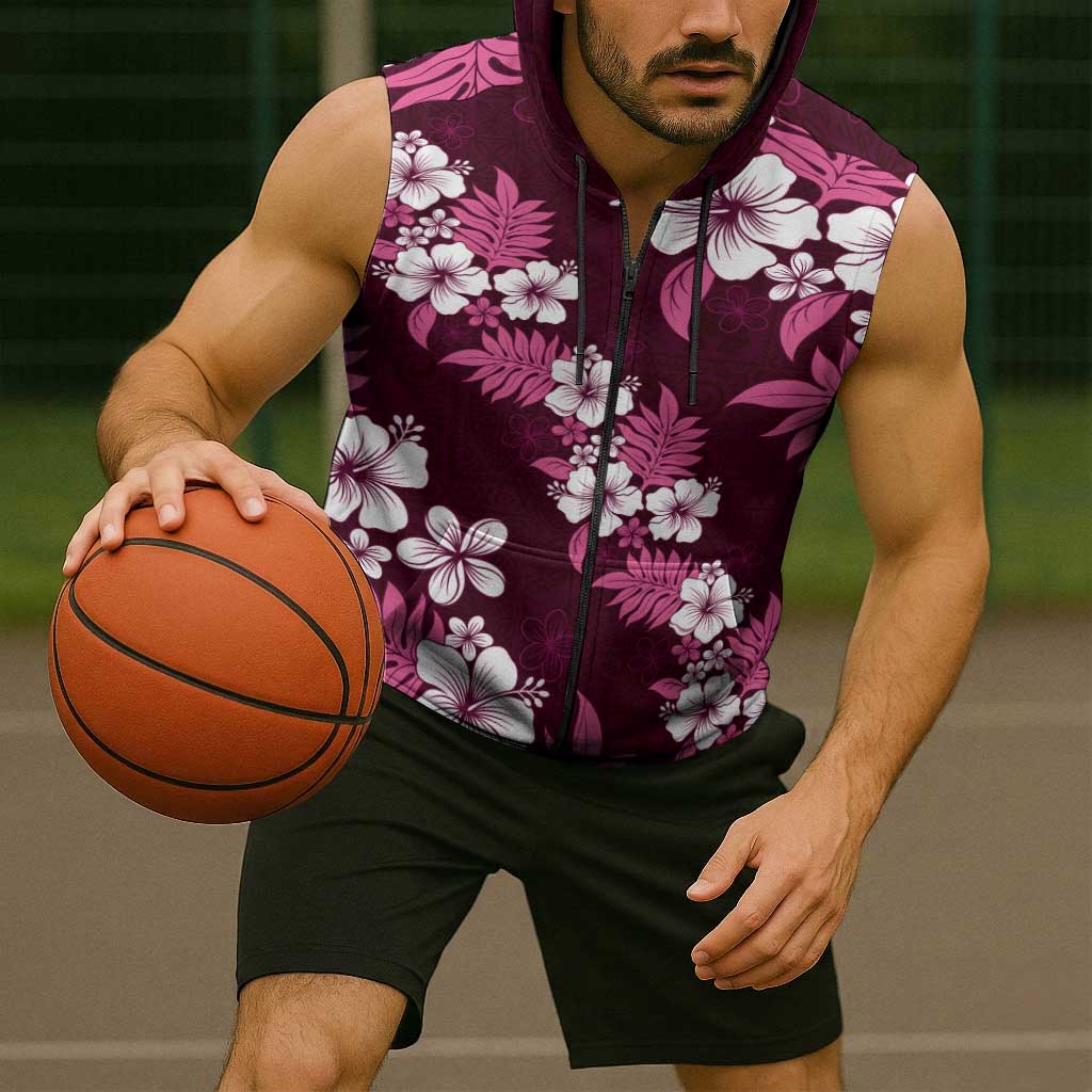 Hawaiian Hibiscus Tribal Floral Pink Sleeveless Zip Hoodie Polynesian Tapa Pattern - Polynesian Pride