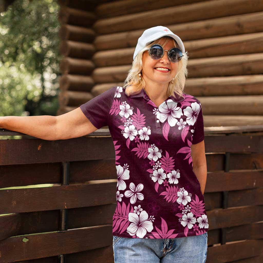 Hawaiian Hibiscus Tribal Floral Pink Women Polo Shirt Polynesian Tapa Pattern - Polynesian Pride