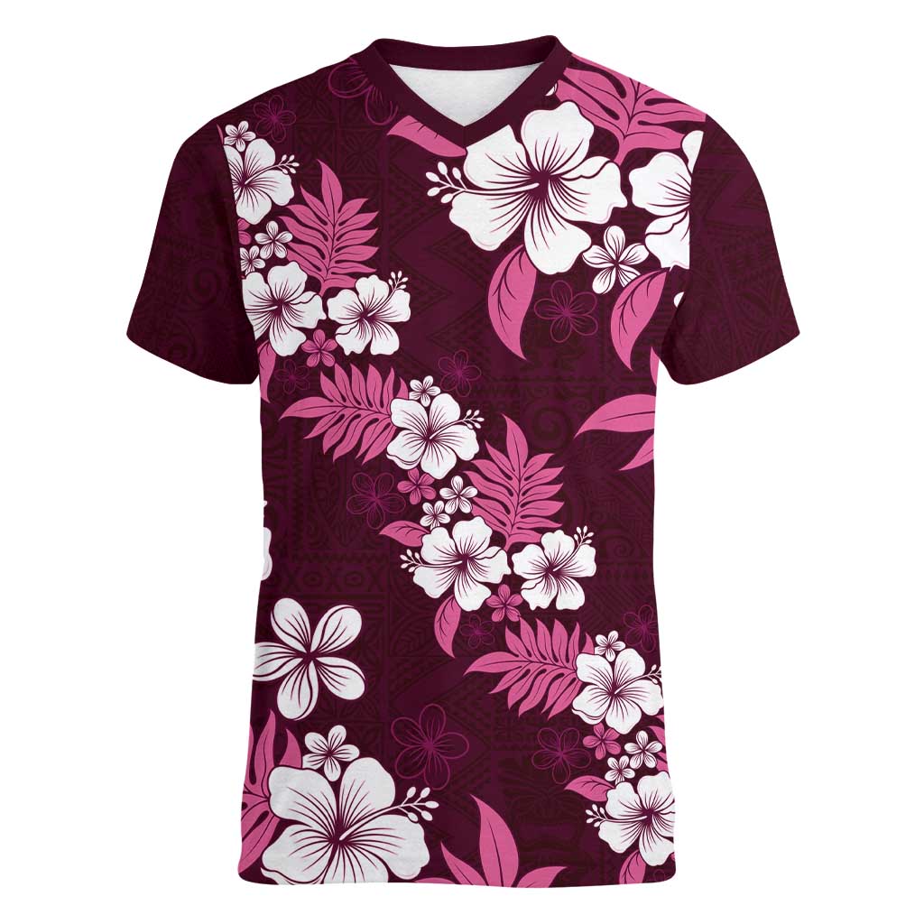 Hawaiian Hibiscus Tribal Floral Pink Women V-Neck T-Shirt Polynesian Tapa Pattern - Polynesian Pride