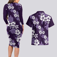 Hawaiian Hibiscus Tribal Floral Purple Couples Matching Long Sleeve Bodycon Dress and Hawaiian Shirt Polynesian Tapa Pattern LT01 - Polynesian Pride