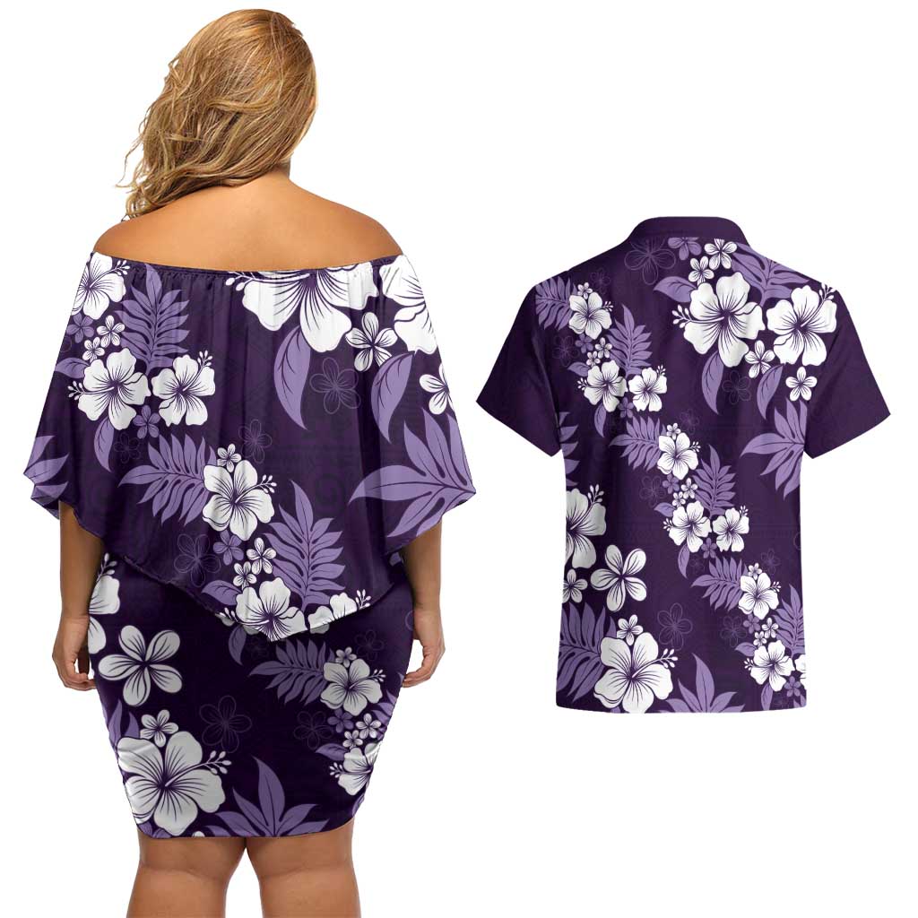 Hawaiian Hibiscus Tribal Floral Purple Couples Matching Off Shoulder Short Dress and Hawaiian Shirt Polynesian Tapa Pattern - Polynesian Pride