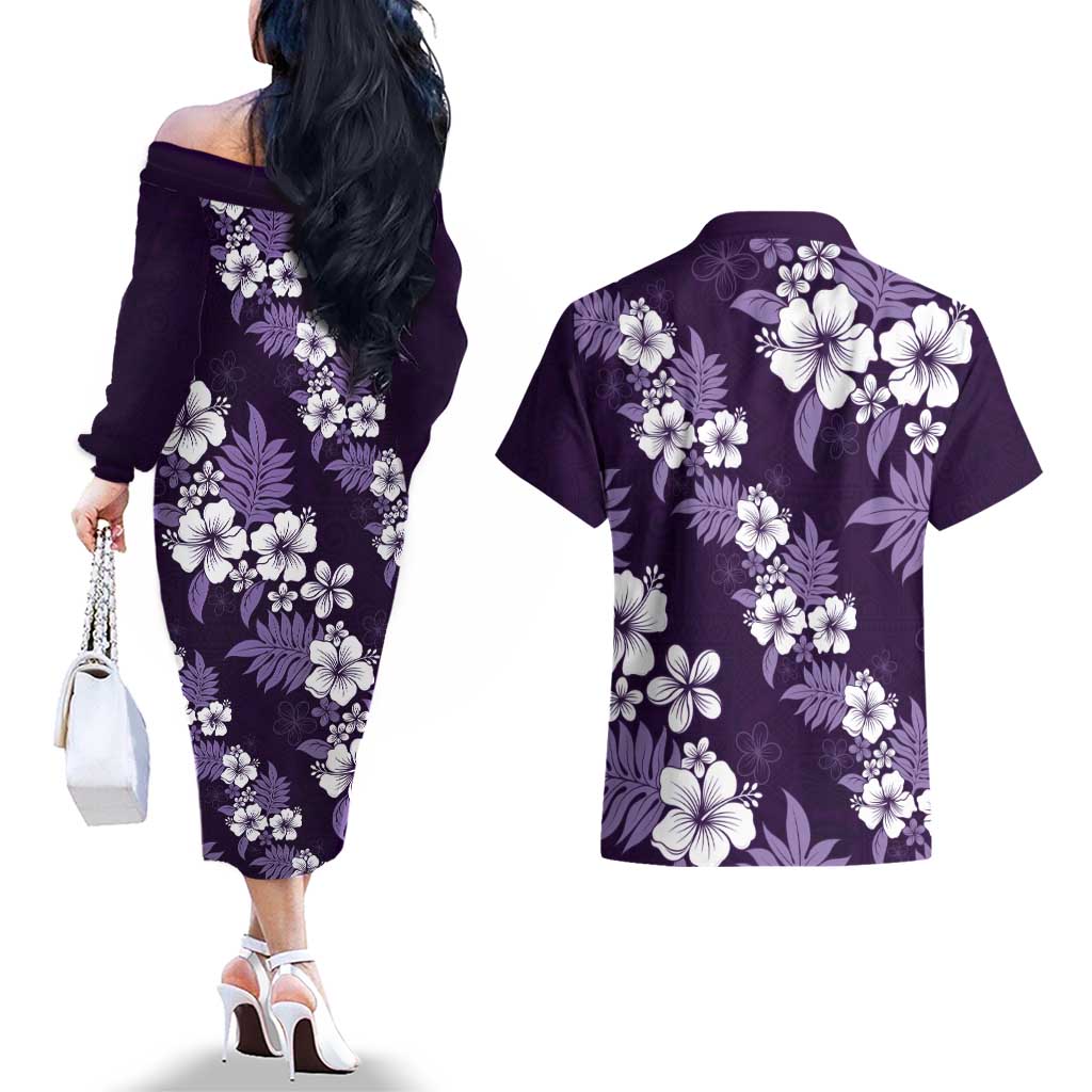 Hawaiian Hibiscus Tribal Floral Purple Couples Matching Off The Shoulder Long Sleeve Dress and Hawaiian Shirt Polynesian Tapa Pattern LT01 - Polynesian Pride
