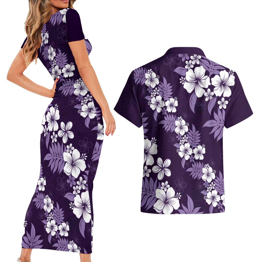 Hawaiian Hibiscus Tribal Floral Purple Couples Matching Short Sleeve Bodycon Dress and Hawaiian Shirt Polynesian Tapa Pattern LT01 - Polynesian Pride