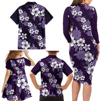 Hawaiian Hibiscus Tribal Floral Purple Family Matching Long Sleeve Bodycon Dress and Hawaiian Shirt Polynesian Tapa Pattern LT01 - Polynesian Pride