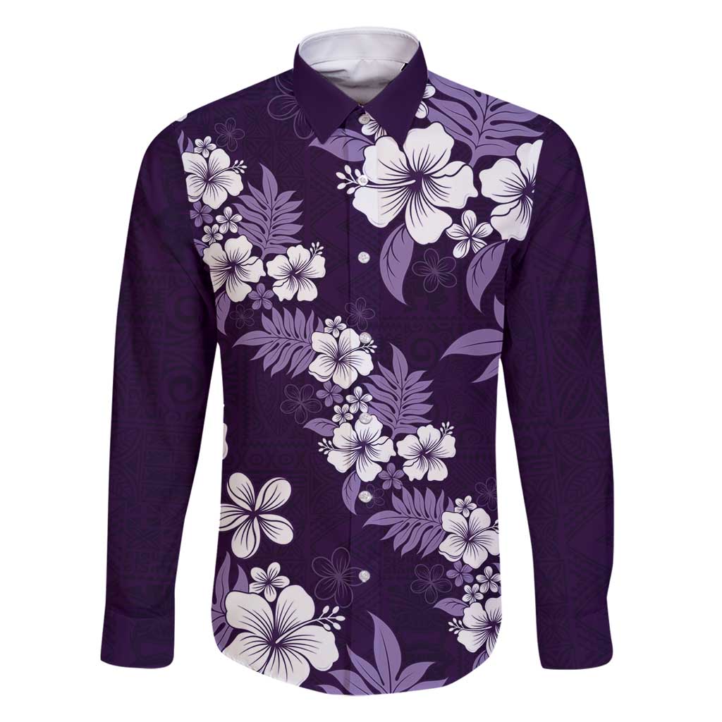 Hawaiian Hibiscus Tribal Floral Purple Family Matching Long Sleeve Bodycon Dress and Hawaiian Shirt Polynesian Tapa Pattern LT01 Dad's Shirt - Long Sleeve Purple - Polynesian Pride