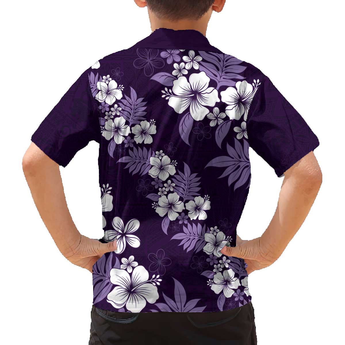 Hawaiian Hibiscus Tribal Floral Purple Family Matching Off The Shoulder Long Sleeve Dress and Hawaiian Shirt Polynesian Tapa Pattern LT01 - Polynesian Pride