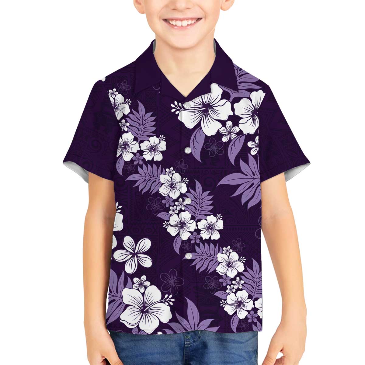 Hawaiian Hibiscus Tribal Floral Purple Family Matching Off The Shoulder Long Sleeve Dress and Hawaiian Shirt Polynesian Tapa Pattern LT01 Son's Shirt Purple - Polynesian Pride