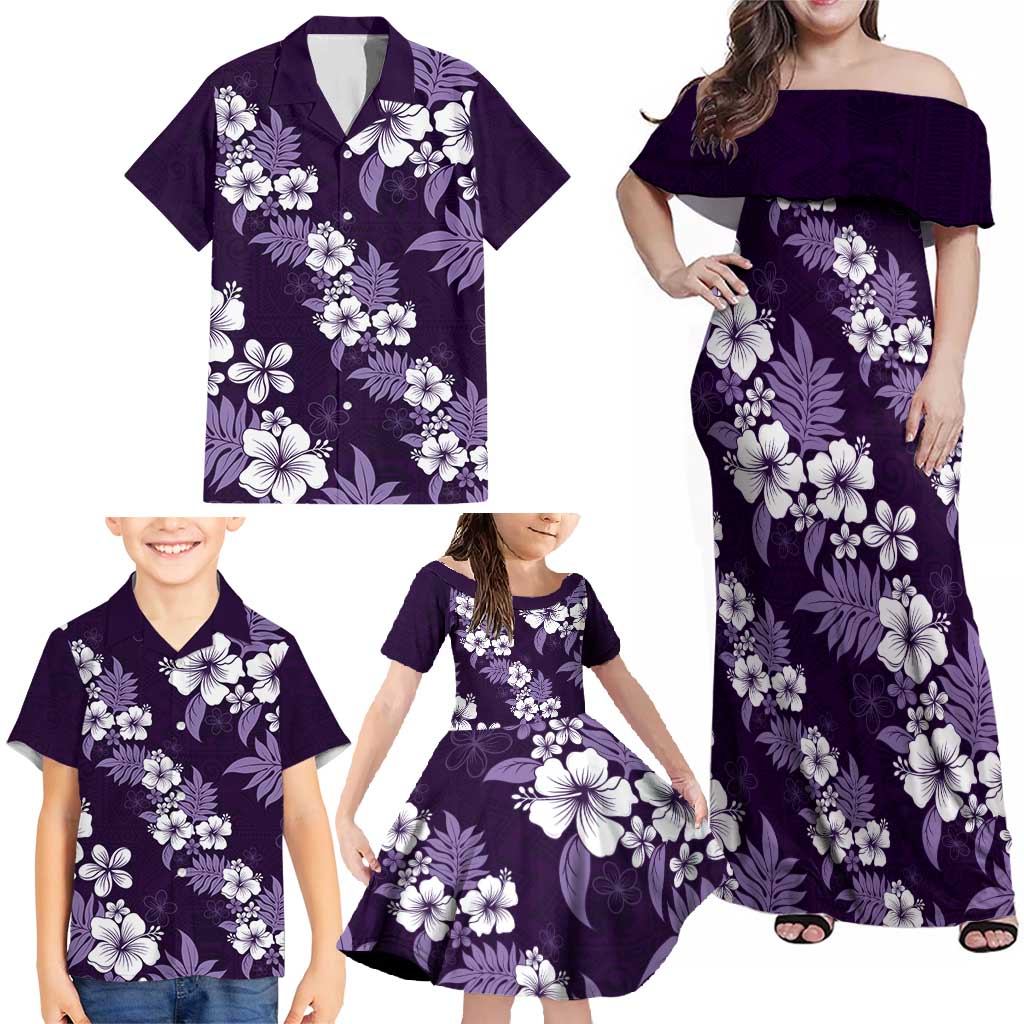 Hawaiian Hibiscus Tribal Floral Purple Family Matching Off Shoulder Maxi Dress and Hawaiian Shirt Polynesian Tapa Pattern LT01 - Polynesian Pride