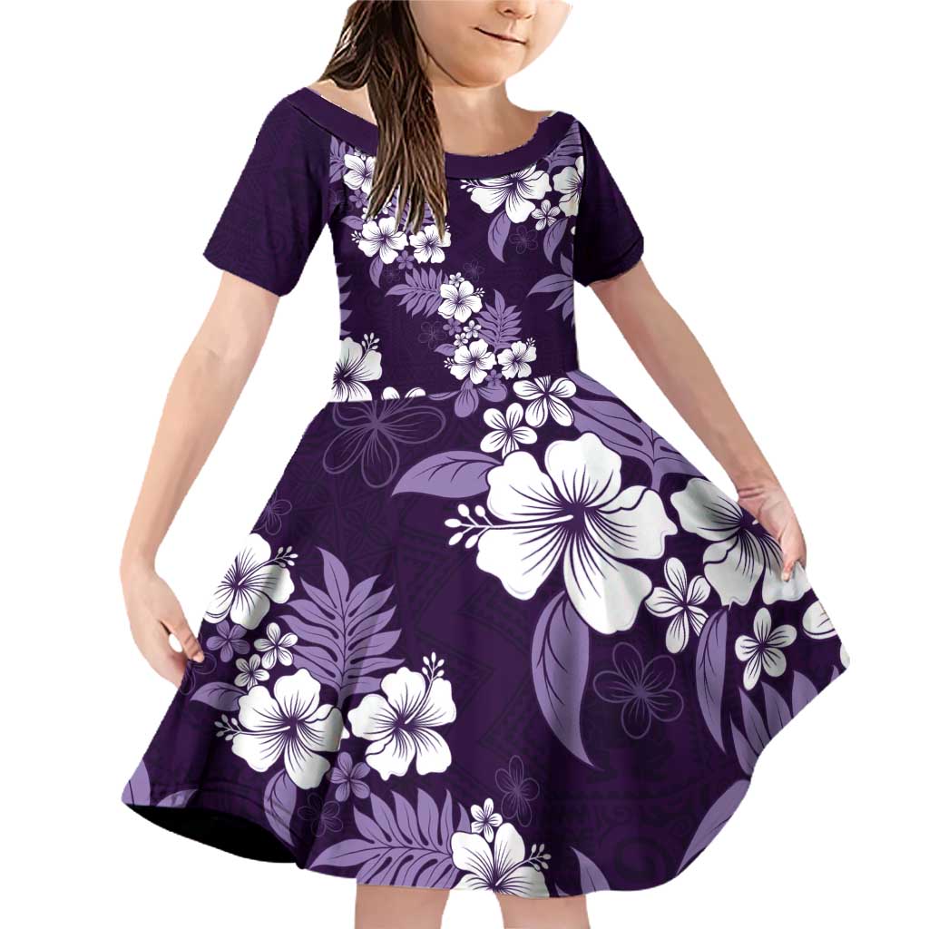 Hawaiian Hibiscus Tribal Floral Purple Family Matching Off Shoulder Short Dress and Hawaiian Shirt Polynesian Tapa Pattern LT01 Daughter's Dress Purple - Polynesian Pride