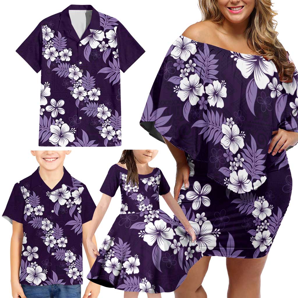 Hawaiian Hibiscus Tribal Floral Purple Family Matching Off Shoulder Short Dress and Hawaiian Shirt Polynesian Tapa Pattern LT01 - Polynesian Pride