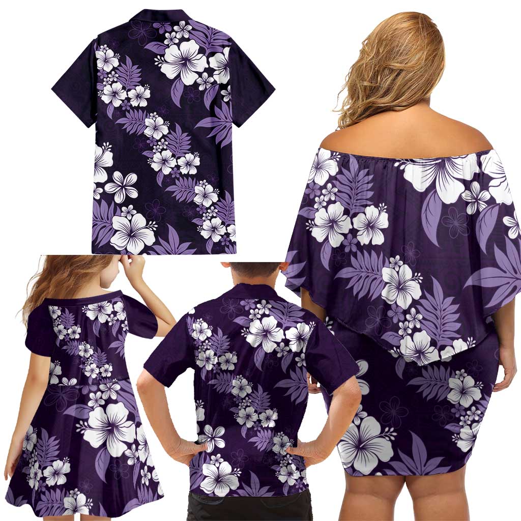 Hawaiian Hibiscus Tribal Floral Purple Family Matching Off Shoulder Short Dress and Hawaiian Shirt Polynesian Tapa Pattern LT01 - Polynesian Pride