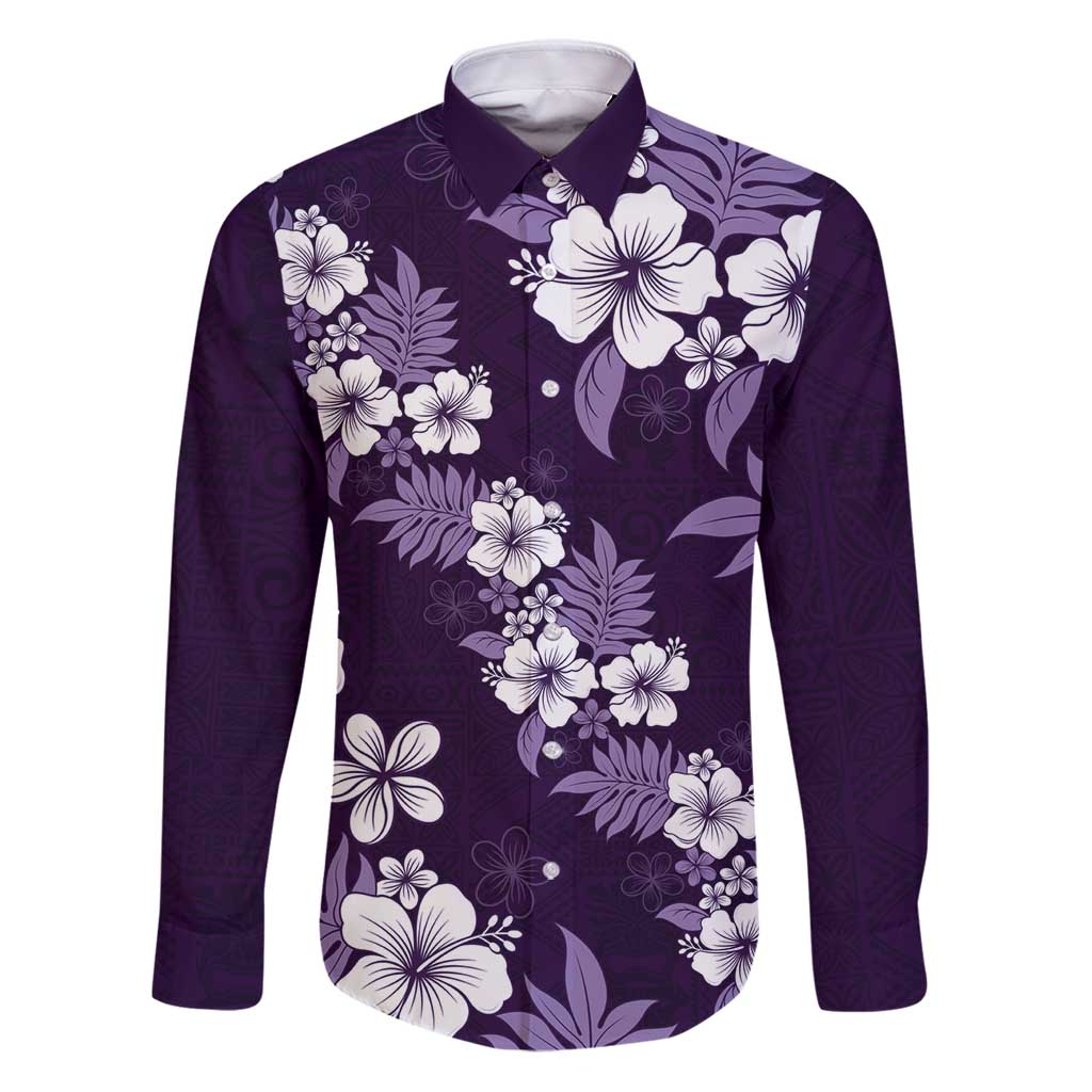 Hawaiian Hibiscus Tribal Floral Purple Family Matching Puletasi and Hawaiian Shirt Polynesian Tapa Pattern LT01 Dad's Shirt - Long Sleeve Purple - Polynesian Pride
