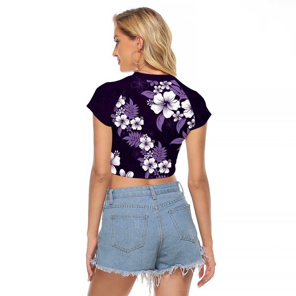 Hawaiian Hibiscus Tribal Floral Purple Raglan Cropped T Shirt Polynesian Tapa Pattern - Polynesian Pride
