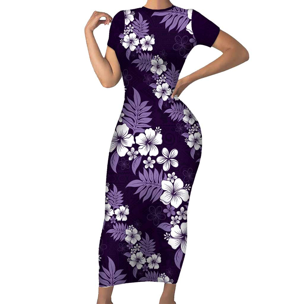 Hawaiian Hibiscus Tribal Floral Purple Short Sleeve Bodycon Dress Polynesian Tapa Pattern - Polynesian Pride