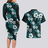 Hawaiian Hibiscus Tribal Floral Teal Couples Matching Long Sleeve Bodycon Dress and Hawaiian Shirt Polynesian Tapa Pattern LT01 - Polynesian Pride