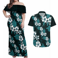 Hawaiian Hibiscus Tribal Floral Teal Couples Matching Off Shoulder Maxi Dress and Hawaiian Shirt Polynesian Tapa Pattern LT01 Teal - Polynesian Pride