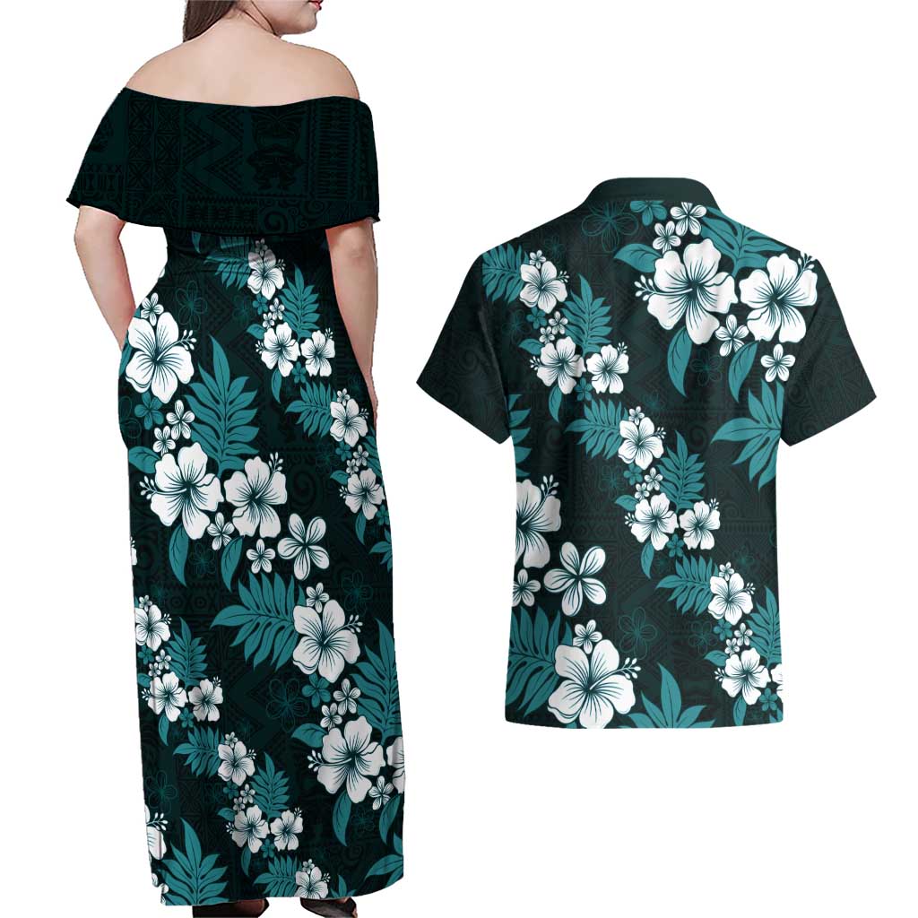Hawaiian Hibiscus Tribal Floral Teal Couples Matching Off Shoulder Maxi Dress and Hawaiian Shirt Polynesian Tapa Pattern LT01 - Polynesian Pride