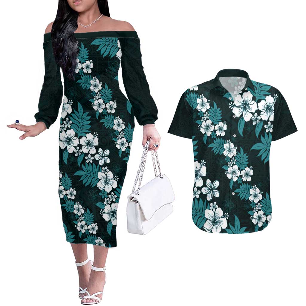 Hawaiian Hibiscus Tribal Floral Teal Couples Matching Off The Shoulder Long Sleeve Dress and Hawaiian Shirt Polynesian Tapa Pattern LT01 Teal - Polynesian Pride